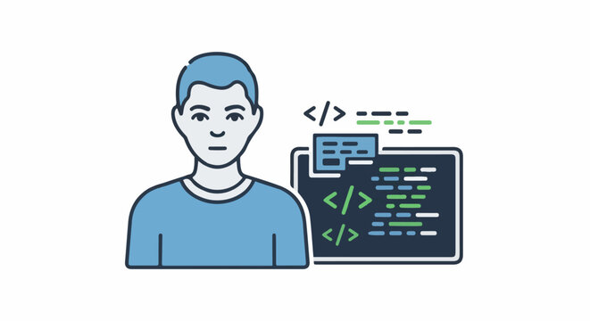 A simplified, stylized illustration of a person next to a screen displaying computer code