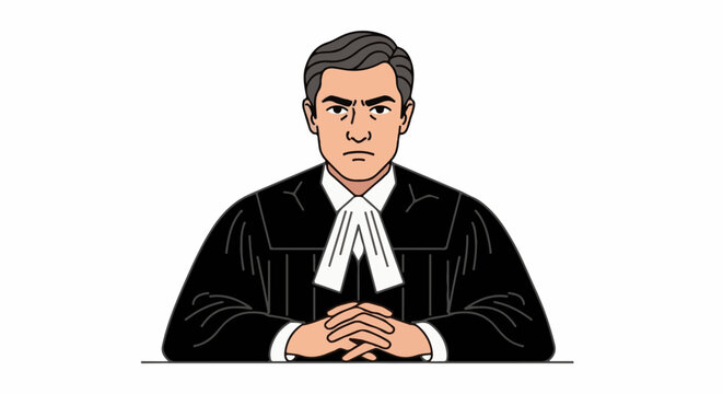 Stern judge in black robe and white jabot sits with hands clasped