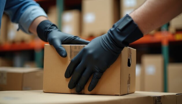 Workers hands in black gloves hold cardboard package box. Warehouse workers move cargo on shelf. Logistics delivery shipping service operation.