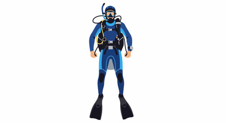 Fototapeta premium A person in full scuba gear, wearing a blue wetsuit and fins, stands ready for underwater exploration