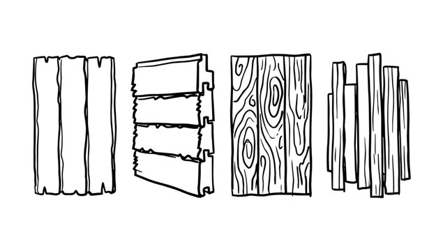 Wood material doodle line panels with vertical planks, shutters, grain board, and stick bundle