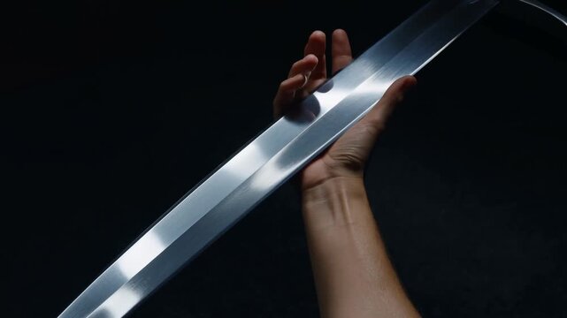 Slow motion tracking and tilt shot of hand raising polished sword blade against dark studio background with reflective metallic highlights