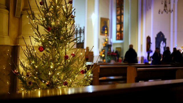 Christmas tree with lights celebrating holiday season inside a Catholic church