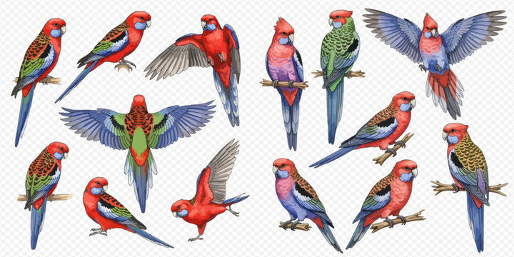 Collection of colorful rosella parrots in various poses and flight on a transparent background.