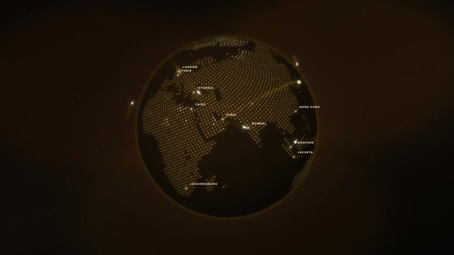 Golden dotted particle globe rotating with glowing city connection points across the world
