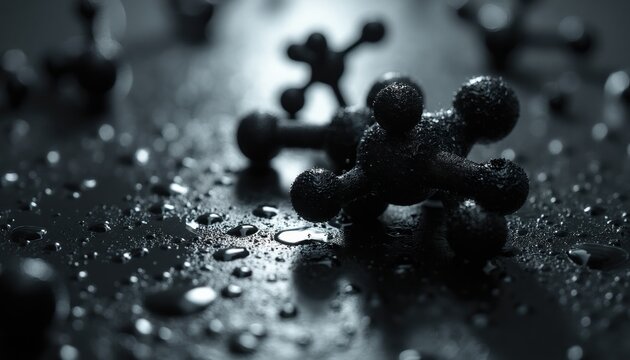Dark molecular structures sit on wet surface with water droplets. Close-up view of scientific model or atom shapes in liquid. Abstract background concept for chemistry physics research.