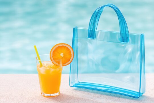 Transparent blue jelly tote bag positioned next to a refreshing orange drink garnished with a slice of orange on a light surface near a swimming pool