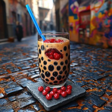 A tasty glass of bubble tea with tapioca pearls and cherries on stone
