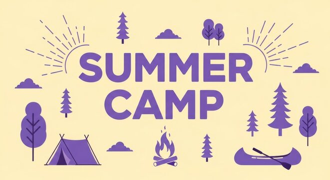 Minimal summer camp poster background with tent canoe and campfire for retro poster design and banner layout