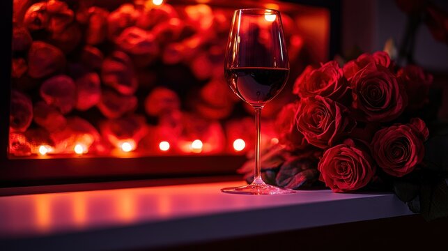 A glass of red wine rests beside vibrant roses in a cozy ambiance filled with warmth