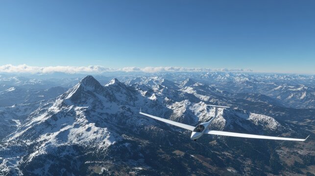 Majestic white glider soaring high above snow covered mountain peak winter landscape clear blue sky freedom adventure flight sport scenic view aerial aviation extreme pilot transport vacation