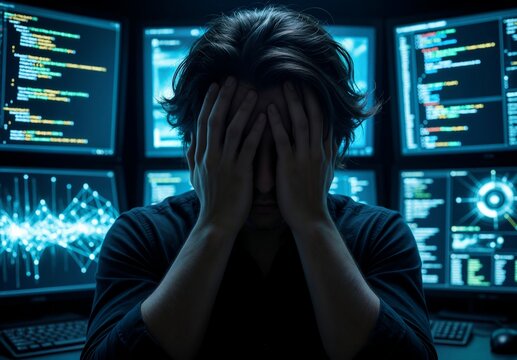 Stressed Programmer Overwhelmed by Code Screens Dark Room