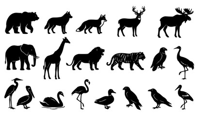 Wild Animal Silhouettes Collection with Mammals and Birds Vector Set © Boloram