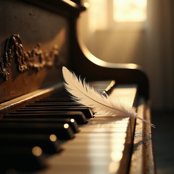 Soft white feather rests on vintage piano keys. Warm sunlight illuminates keys and decorative piano detail. Gentle mood for music or creative inspiration.