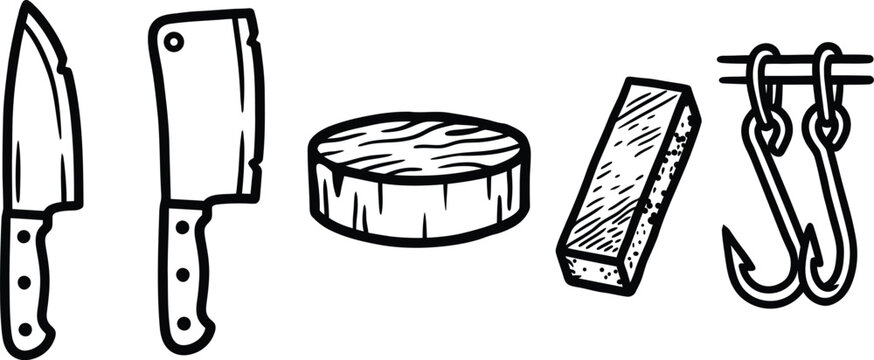 Butcher knives and meat hooks with a wooden cutting block
