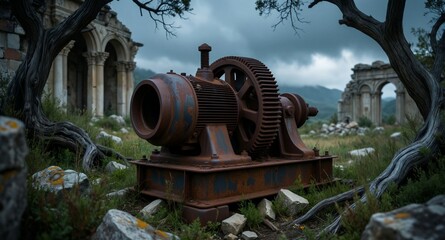 Fototapeta premium Rusty Industrial Machine Ruins Overgrown Ancient Architecture Moody Landscape