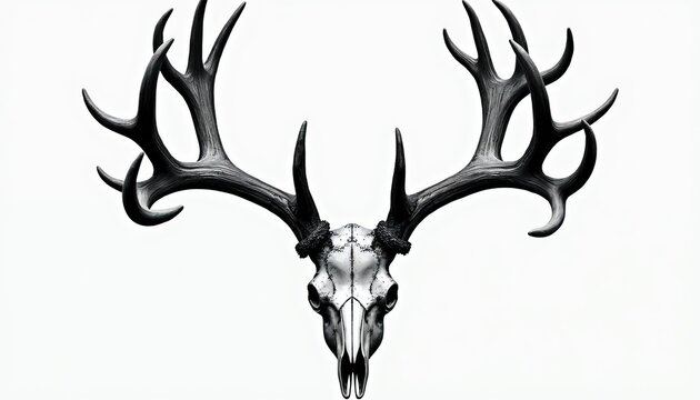 Deer skull with large antlers presented on white background. Symbol of hunting tradition nature and wildlife. Majestic animal remains, trophy concept for hunters and outdoorsmen.