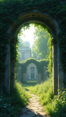 Fototapeta premium Stone archway covered in ivy leads to overgrown garden with distant old manor. Path winds through green plants towards secluded building entrance. Sunlight filters through lush foliage.