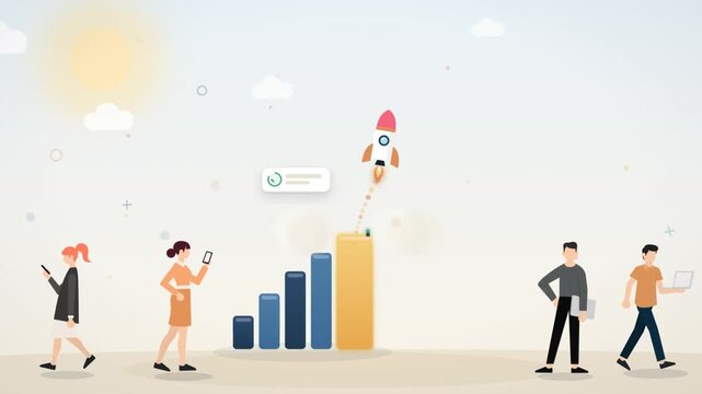 Business people walking by bar chart with rocket launching upward showing startup growth