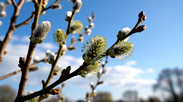 Low angle shot of willow catkins and buds on branches with a bright blue sky background in the springtime