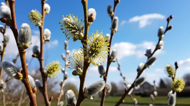 Close-up of fluffy pussy willow branches in full bloom against a clear blue sky on a bright sunny day