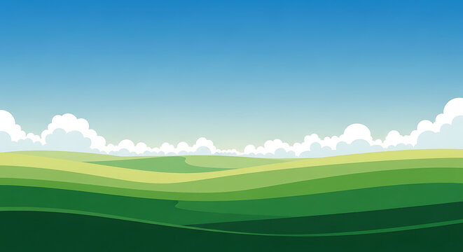 Stylized green rolling hills landscape with blue sky and clouds in vector illustration landscape illustration environment stylized background grassland panorama tranquil peaceful