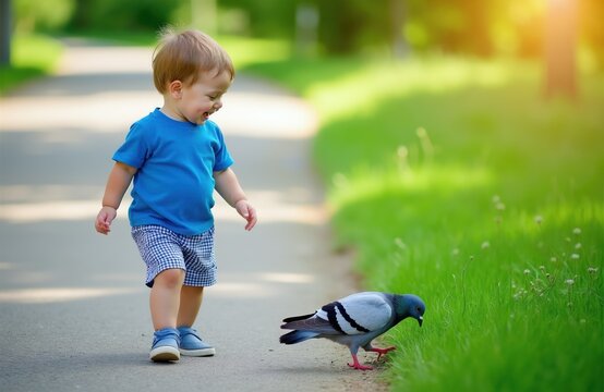 Toddler in blue shirt walks on path near green grass. Young child encounters pigeon bird in park on sunny day. Baby interacts with nature, explores outside.