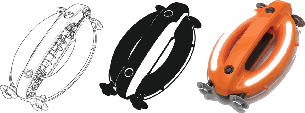 Collection of submersible drone prototypes including a technical drawing silhouette and 3D render for marine exploration technology
