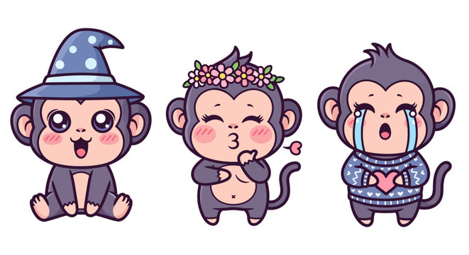 Three Cute Cartoon Monkeys in Different Outfits.