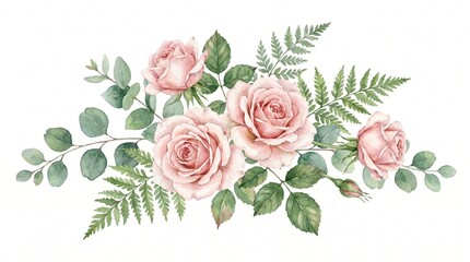 Fototapeta premium Elegant watercolor pink roses and greenery floral arrangement.