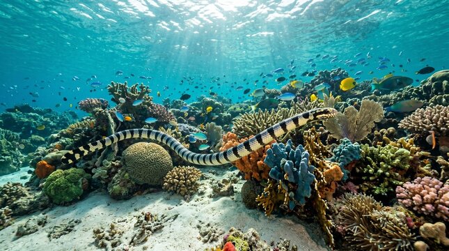 Banded Sea Snake Swimming Over Colorful Coral Reef