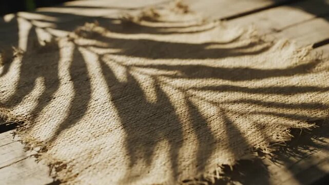 Palm leaf shadow dancing across a rough burlap napkin on weathered wooden planks, creating texture and patterns under the warm sunlight