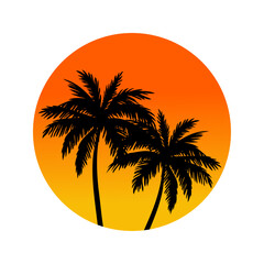 Obraz premium Logo agencia de viajes. Vacaciones de verano. Dibujo de la silueta de dos palmeras dentro de un círculo de color degradado, creando un efecto de atardecer tropical.