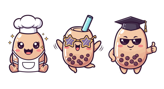 Cute Cartoon Bubble Tea Characters in Different Outfits.