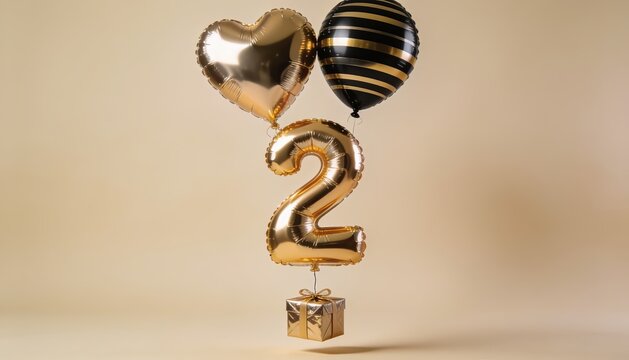 Golden 2nd Birthday Balloon Celebration with Heart and Gift Decoration