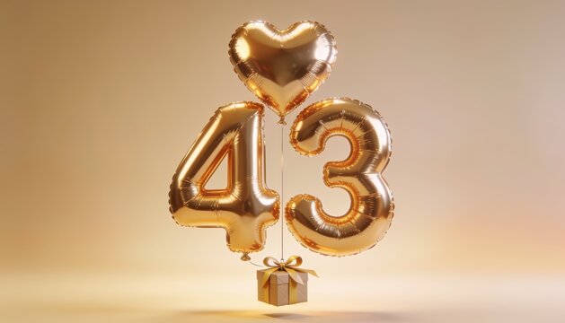 Golden 43rd Birthday Balloon Celebration with Heart and Gift Decoration