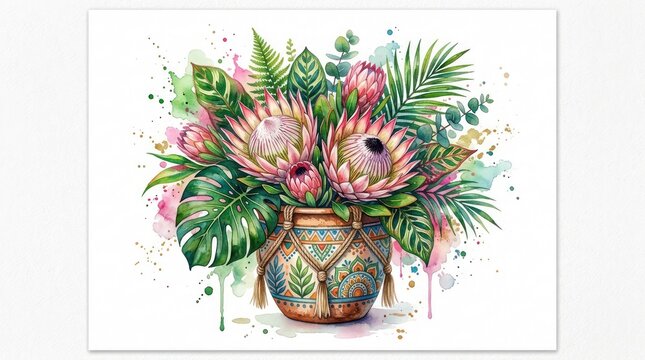 Watercolor tropical bouquet in patterned vase