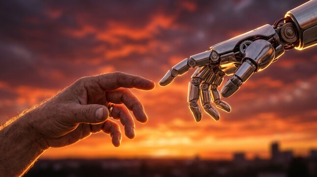 Dramatic close-up of human hand and robotic mechanical hand reaching toward each other against a warm dark amber sunset sky, fingertips nearly touching, Michelangelo creation style composition png