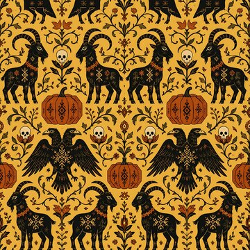 Spooky Halloween seamless pattern with gothic black goats, two headed eagles, skulls, and pumpkins in dark folklore style background