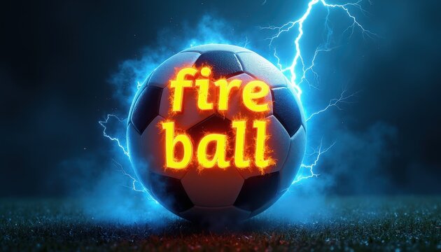 Soccer ball with glowing fire ball text and bright lightning flashes. Intense energy effect surrounds sport equipment on dark grassy field. Dynamic power concept.