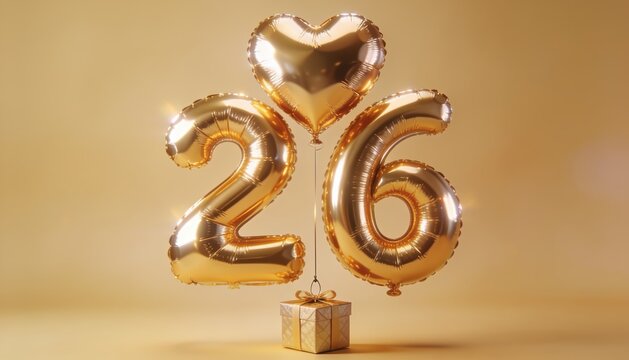 Golden 26th Birthday Balloon Celebration with Heart Decoration