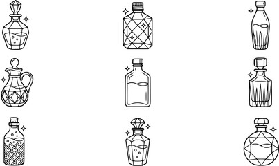 Fototapeta premium Black and White Line Art Bottles Icon Set for Luxury Beverage and Beauty Industry. Decorative Alcohol Decanters, Perfume Flasks, and Essential Oil Containers.