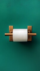Obraz premium A gold toilet paper holder with a roll of white toilet paper on a green wall