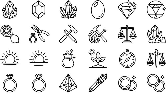 Jewelry Gemstone Mining Outline Icons Set: Collection of Line Art Symbols for Gemology, Crafting, and Treasure Discovery