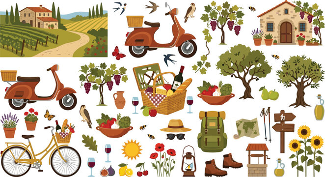 Mediterranean Countryside Vector Collection Featuring Vineyards Olive Trees Scooters Picnics and Rustic Rural Lifestyle Elements