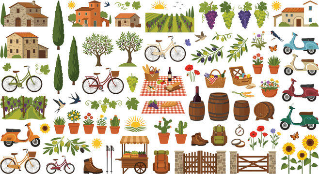 Mediterranean Countryside Vector Collection Featuring Vineyards Olive Branches Bicycles Picnics and Rustic Village Lifestyle Elements