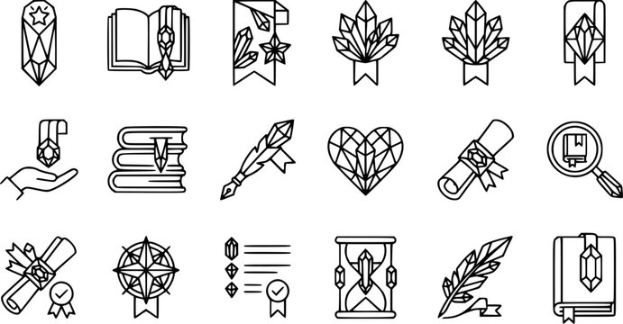 Black and white line art icons for education, magic, and achievement, including books, crystals, and scrolls