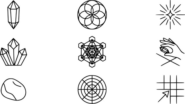 Crystals and Sacred Geometry Line Art Icons Set for Spirituality  Wellness. Outline symbols of Metatron's Cube, Flower of Life, Gemstones, and Healing Grids.