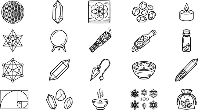 Esoteric Spirituality Line Art Icon Set: Sacred Geometry, Crystals, Ritual Items, and Metaphysical Symbols