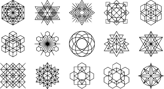 Abstract Esoteric Geometric Patterns and Sacred Geometry Symbols Black and White Line Art Set